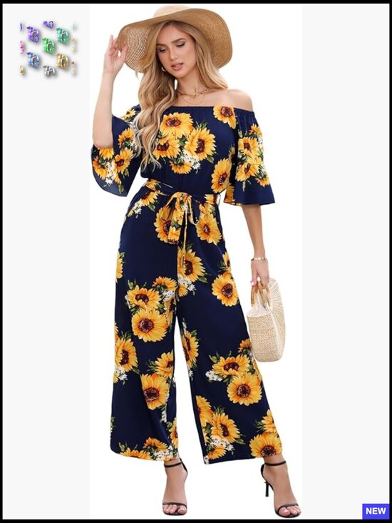Floral Off Shoulder Jumpsuit Wide Leg Romper Elegant Casual Chic Spring  Outfit